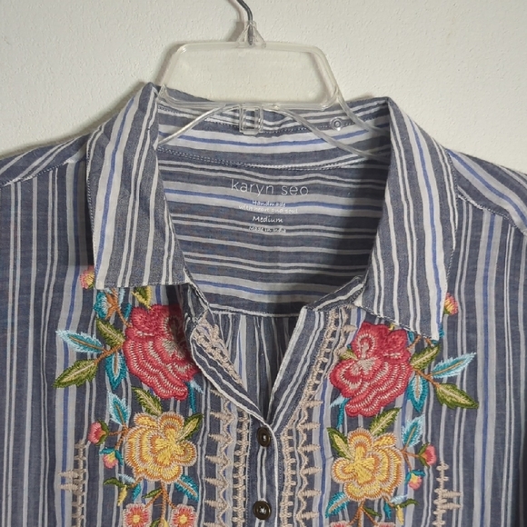 Karyn Seo Womens Tunic Top Shirt Handmade Button Down Floral Embroidered Medium - Picture 2 of 12